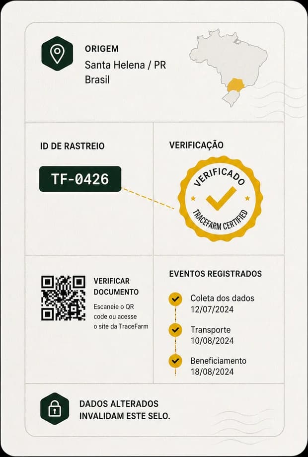 Passaporte TraceFarm do lote TF-0426, com endereço de origem, produtor identificado e eventos registrados